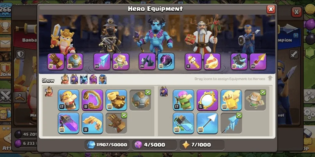 COC544 TH17 ALLMAXED EQUIPMENT LIGHTS UP HEROES 100 100 90 75 STRONG TROOPS PETS (G)